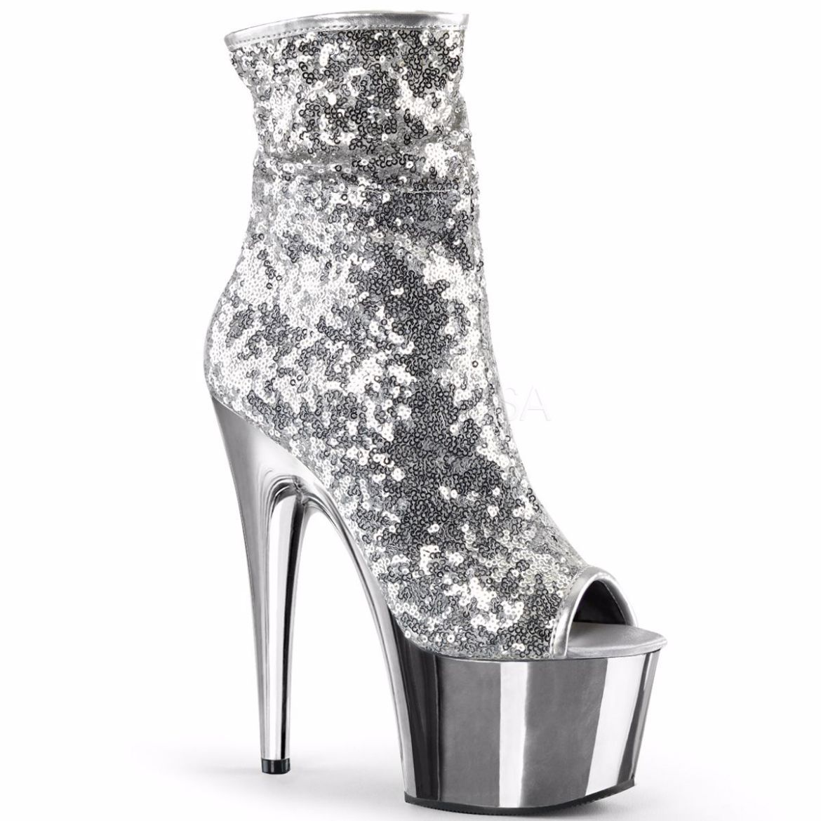 Product image of Pleaser Adore-1008Sq Silver Sequins/Silver Chrome, 7 inch (17.8 cm) Heel, 2 3/4 inch (7 cm) Platform Ankle Boot