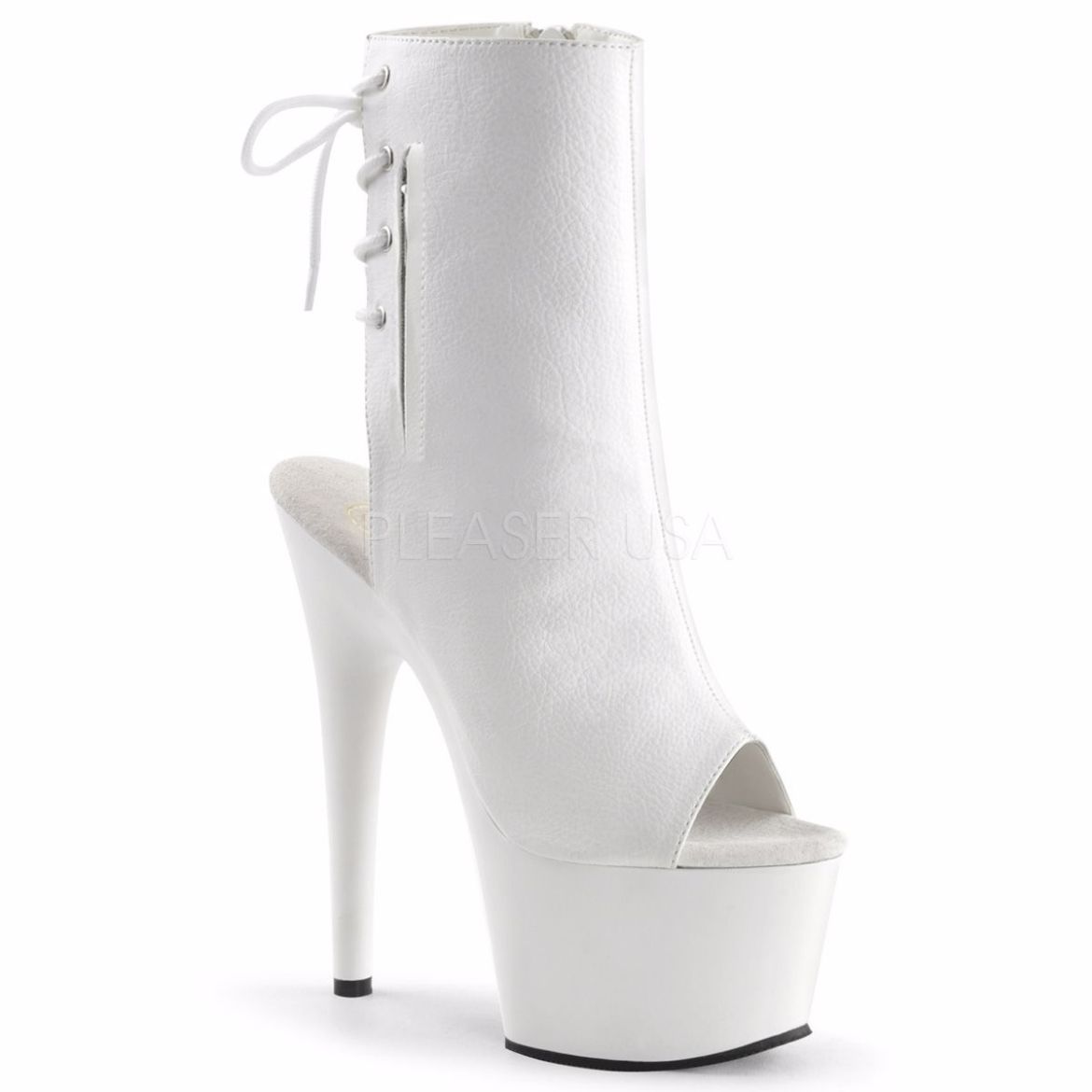 Product image of Pleaser Adore-1018 White Faux Leather/White, 7 inch (17.8 cm) Heel, 2 3/4 inch (7 cm) Platform Ankle Boot