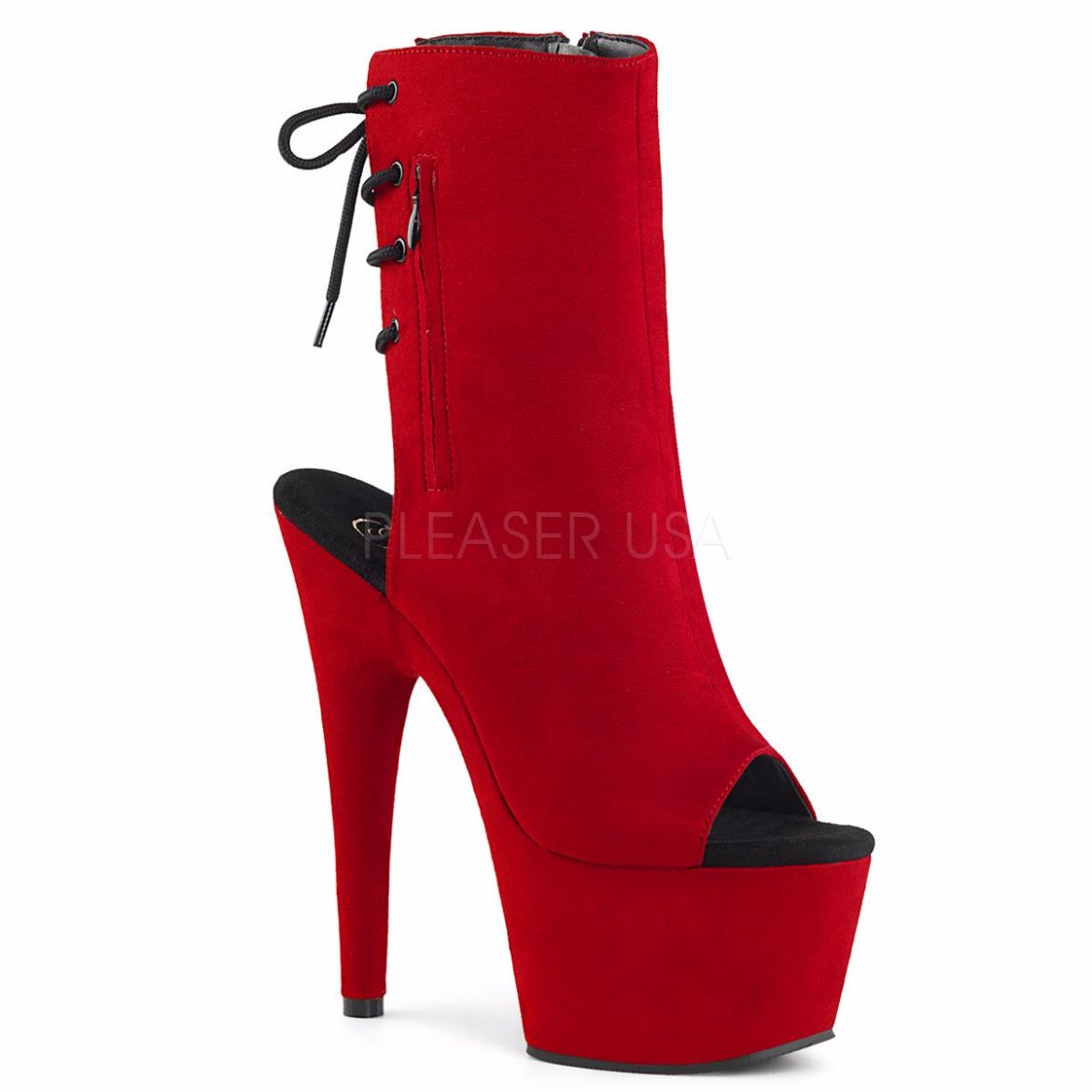 Product image of Pleaser Adore-1018Fs Red Faux Suede/Red Faux Suede, 7 inch (17.8 cm) Heel, 2 3/4 inch (7 cm) Platform Ankle Boot