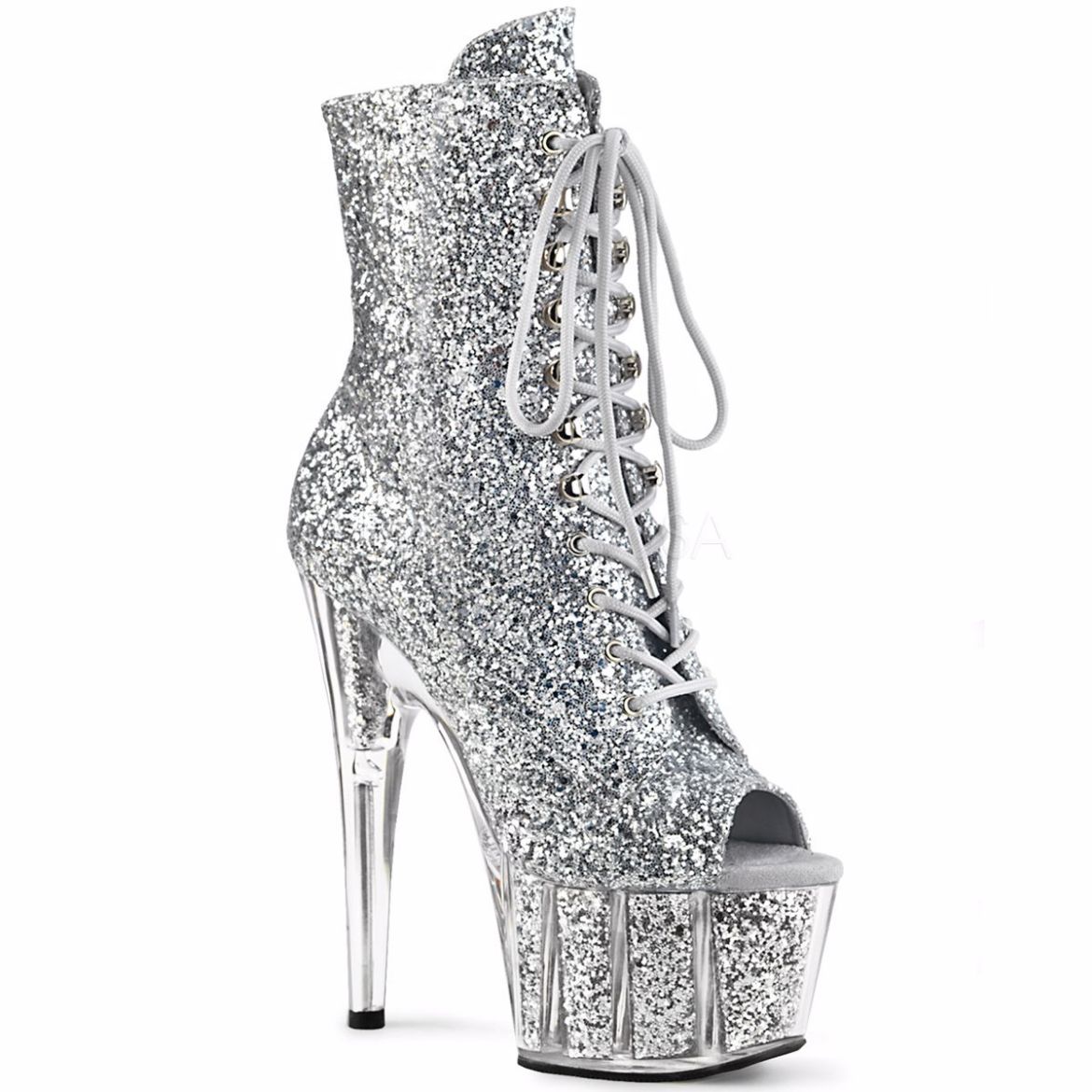 Product image of Pleaser Adore-1021G Silver Glitter/Silver Gliteer, 7 inch (17.8 cm) Heel, 2 3/4 inch (7 cm) Platform Ankle Boot