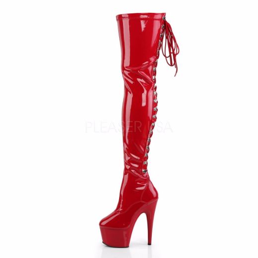 Product image of Pleaser Adore-3063 Red Stretch Patent/Red, 7 inch (17.8 cm) Heel, 2 3/4 inch (7 cm) Platform Thigh High Boot