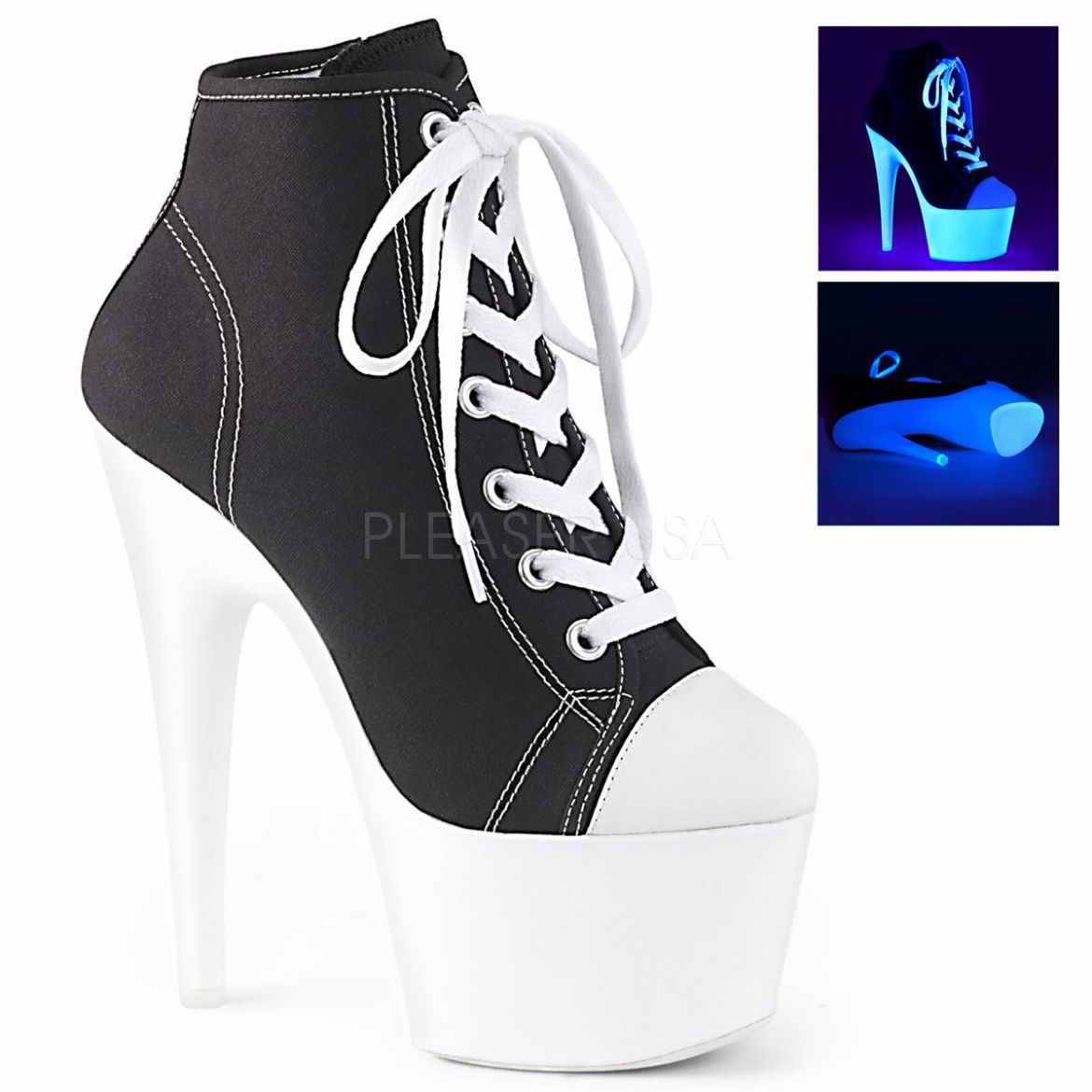 Product image of Pleaser Adore-700Sk-02 Black Canvas/Neon White, 7 inch (17.8 cm) Heel, 2 3/4 inch (7 cm) Platform Ankle Boot
