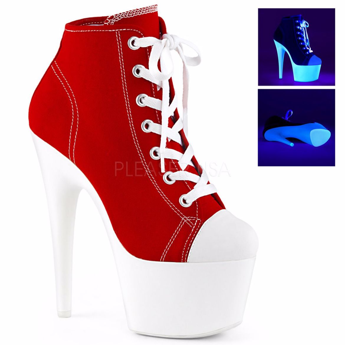 Product image of Pleaser Adore-700Sk-02 Red Canvas/Neon White, 7 inch (17.8 cm) Heel, 2 3/4 inch (7 cm) Platform Ankle Boot