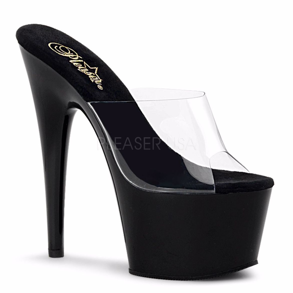Product image of Pleaser Adore-701 Clear/Black, 7 inch (17.8 cm) Heel, 2 3/4 inch (7 cm) Platform Slide Mule Shoes
