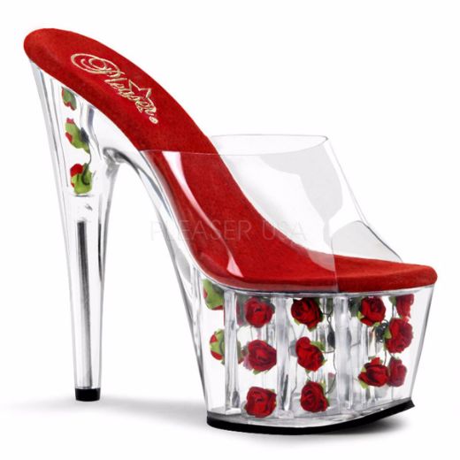 Product image of Pleaser Adore-701Fl Clear/Red Flowers, 7 inch (17.8 cm) Heel, 2 3/4 inch (7 cm) Platform Slide Mule Shoes