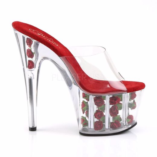 Product image of Pleaser Adore-701Fl Clear/Red Flowers, 7 inch (17.8 cm) Heel, 2 3/4 inch (7 cm) Platform Slide Mule Shoes