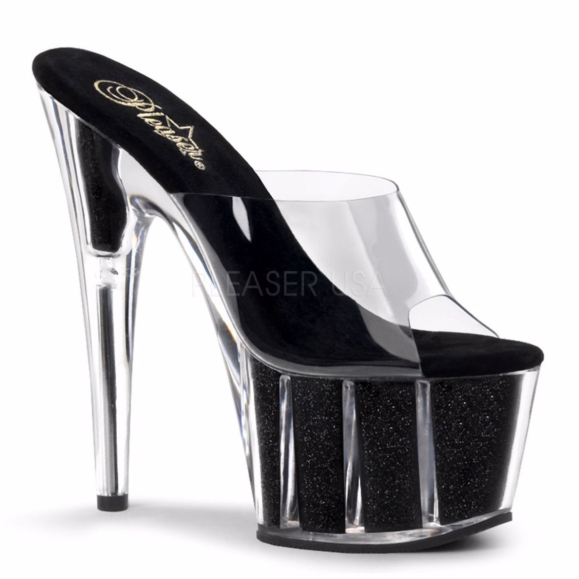 Product image of Pleaser Adore-701G Clear/Black Glitter, 7 inch (17.8 cm) Heel, 2 3/4 inch (7 cm) Platform Slide Mule Shoes