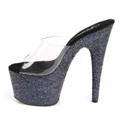 Product image of Pleaser Adore-701Lg Clear/Black Holo Glitter, 7 inch (17.8 cm) Heel, 2 3/4 inch (7 cm) Platform Slide Mule Shoes