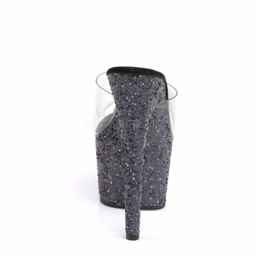 Product image of Pleaser Adore-701Lg Clear/Black Holo Glitter, 7 inch (17.8 cm) Heel, 2 3/4 inch (7 cm) Platform Slide Mule Shoes