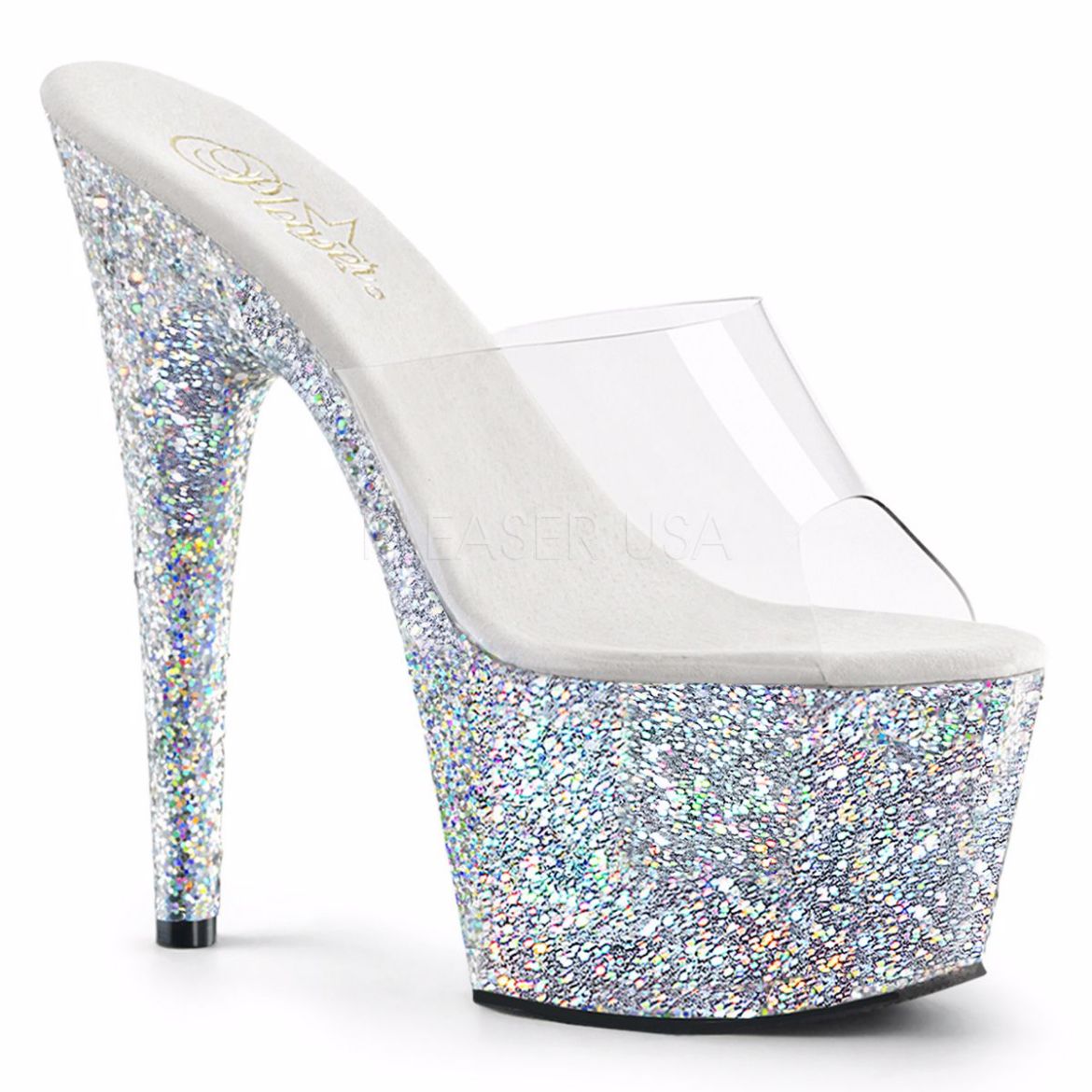 Product image of Pleaser Adore-701Lg Clear/Silver Multi Glitter, 7 inch (17.8 cm) Heel, 2 3/4 inch (7 cm) Platform Slide Mule Shoes