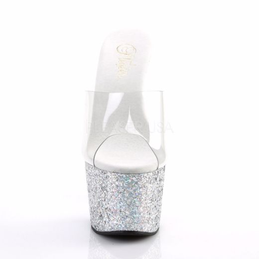 Product image of Pleaser Adore-701Lg Clear/Silver Multi Glitter, 7 inch (17.8 cm) Heel, 2 3/4 inch (7 cm) Platform Slide Mule Shoes