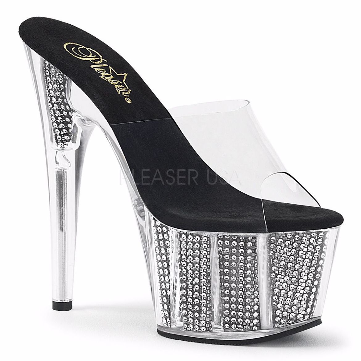 Product image of Pleaser Adore-701Srs Clear/Black Rhinestone, 7 inch (17.8 cm) Heel, 2 3/4 inch (7 cm) Platform Slide Mule Shoes
