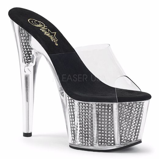 Product image of Pleaser Adore-701Srs Clear/Black Rhinestone, 7 inch (17.8 cm) Heel, 2 3/4 inch (7 cm) Platform Slide Mule Shoes