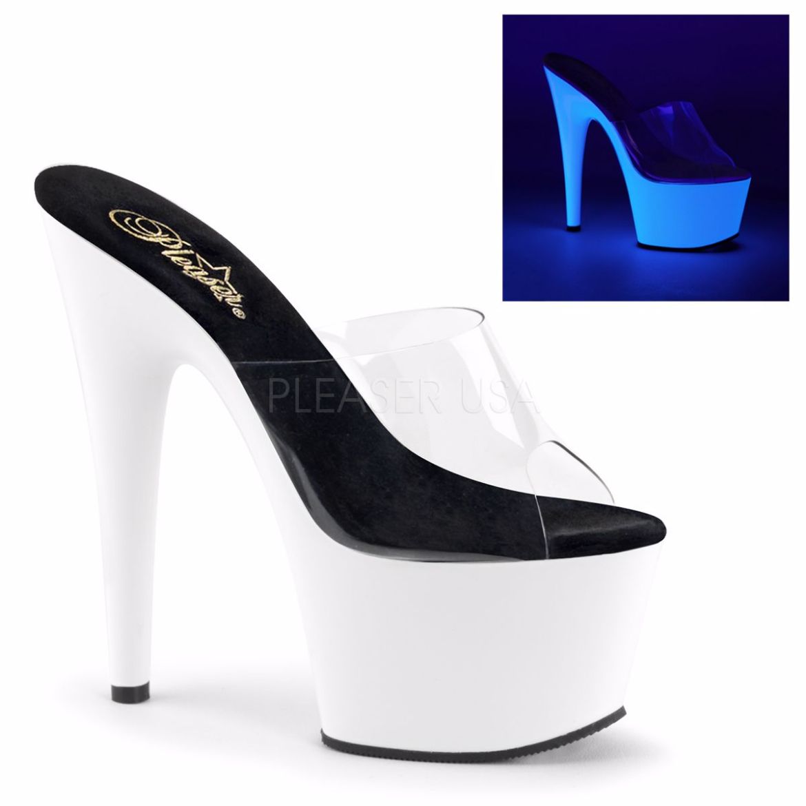 Product image of Pleaser Adore-701Uv Clear/Neon White, 7 inch (17.8 cm) Heel, 2 3/4 inch (7 cm) Platform Slide Mule Shoes