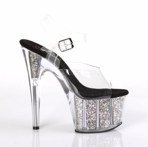 Product image of Pleaser Adore-708Cg Clear/Silver Confetti Glitter, 7 inch (17.8 cm) Heel, 2 3/4 inch (7 cm) Platform Sandal Shoes