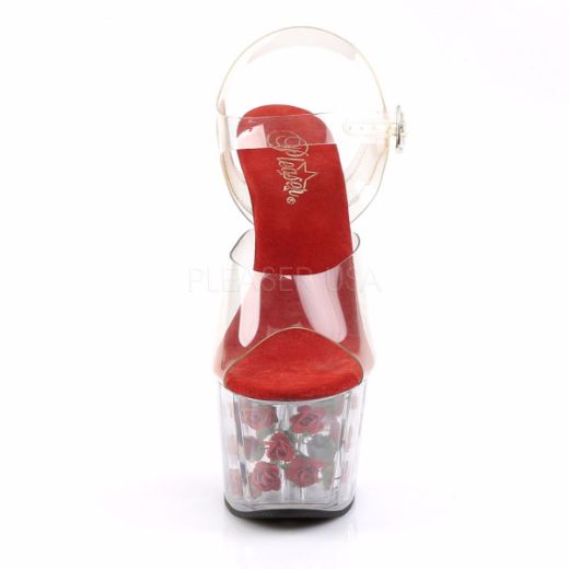 Product image of Pleaser Adore-708Fl Clear/Red Flowers, 7 inch (17.8 cm) Heel, 2 3/4 inch (7 cm) Platform Sandal Shoes