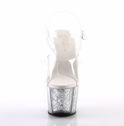 Product image of Pleaser Adore-708G Clear/Silver Glitter Inserts, 7 inch (17.8 cm) Heel, 2 3/4 inch (7 cm) Platform Sandal Shoes