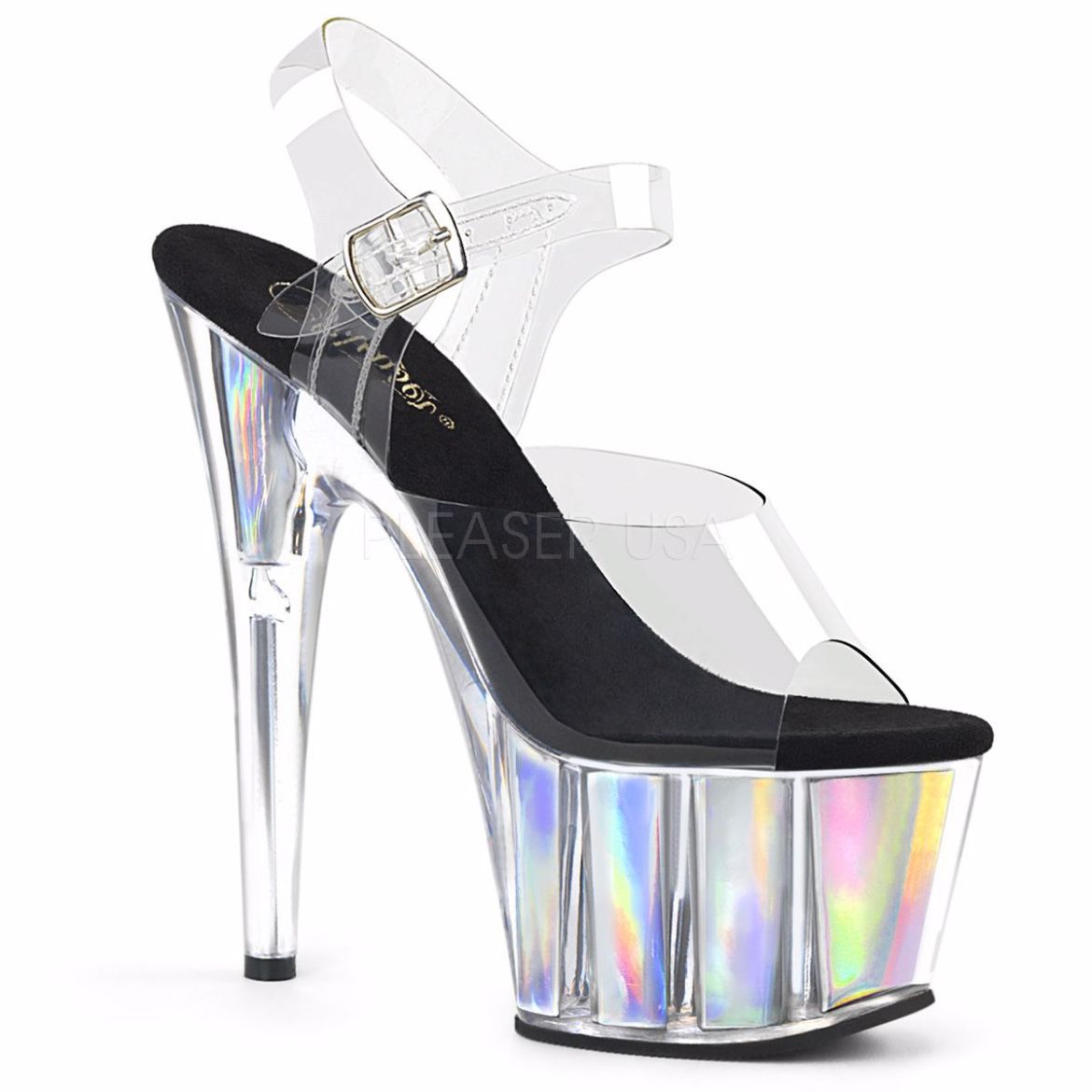 Product image of Pleaser Adore-708Hgi Clear/Silver Hologram Inserts, 7 inch (17.8 cm) Heel, 2 3/4 inch (7 cm) Platform Sandal Shoes