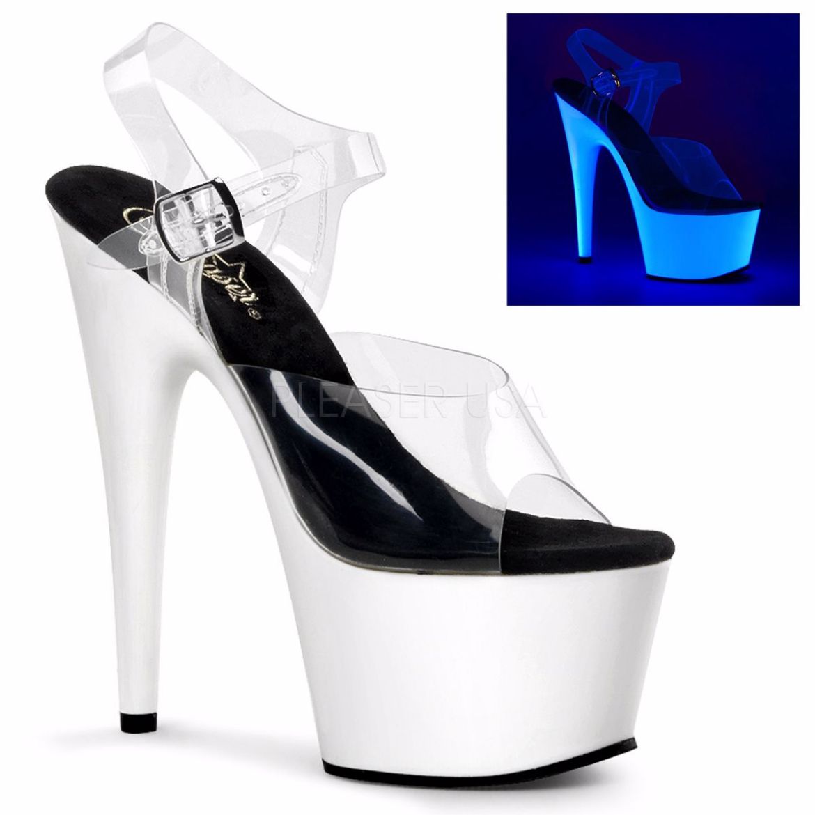 Product image of Pleaser Adore-708Uv Clear/Neon White, 7 inch (17.8 cm) Heel, 2 3/4 inch (7 cm) Platform Sandal Shoes