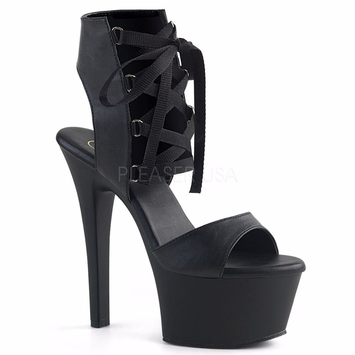 Product image of Pleaser Aspire-600-14 Black Faux Leather/Black Matte, 6 inch (15.2 cm) Heel, 2 1/4 inch (5.7 cm) Platform Sandal Shoes