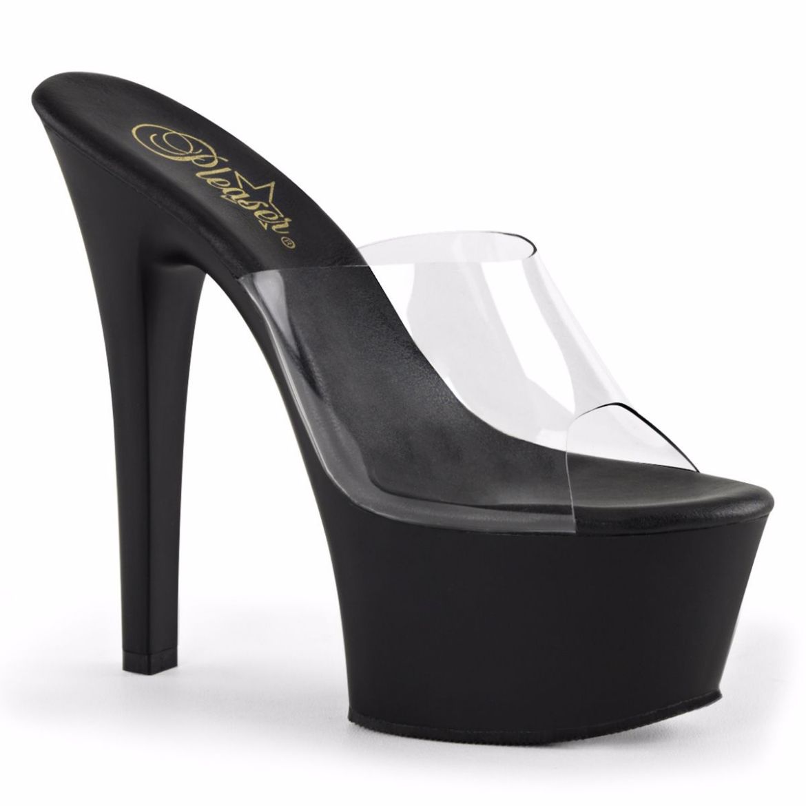 Product image of Pleaser Aspire-601 Clear/Black Matte, 6 inch (15.2 cm) Heel, 2 1/4 inch (5.7 cm) Platform Slide Mule Shoes