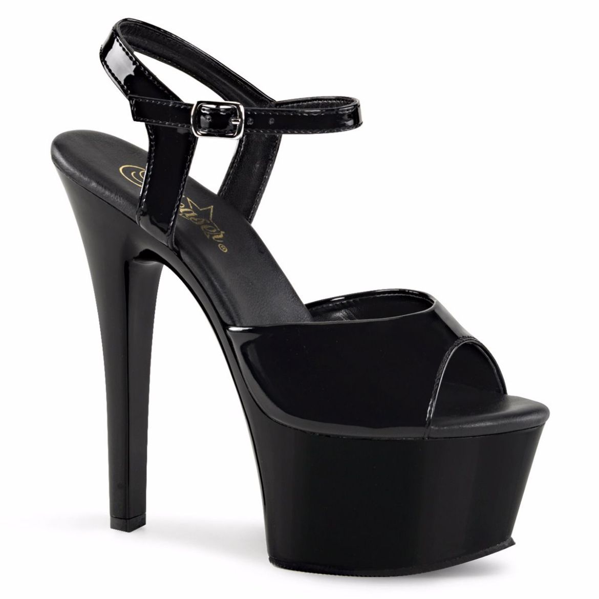Product image of Pleaser Aspire-609 Black Patent/Black, 6 inch (15.2 cm) Heel, 2 1/4 inch (5.7 cm) Platform Sandal Shoes