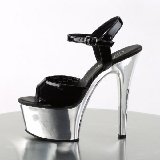 Product image of Pleaser Aspire-609 Black Patent/Silver Chrome, 6 inch (15.2 cm) Heel, 2 1/4 inch (5.7 cm) Platform Sandal Shoes