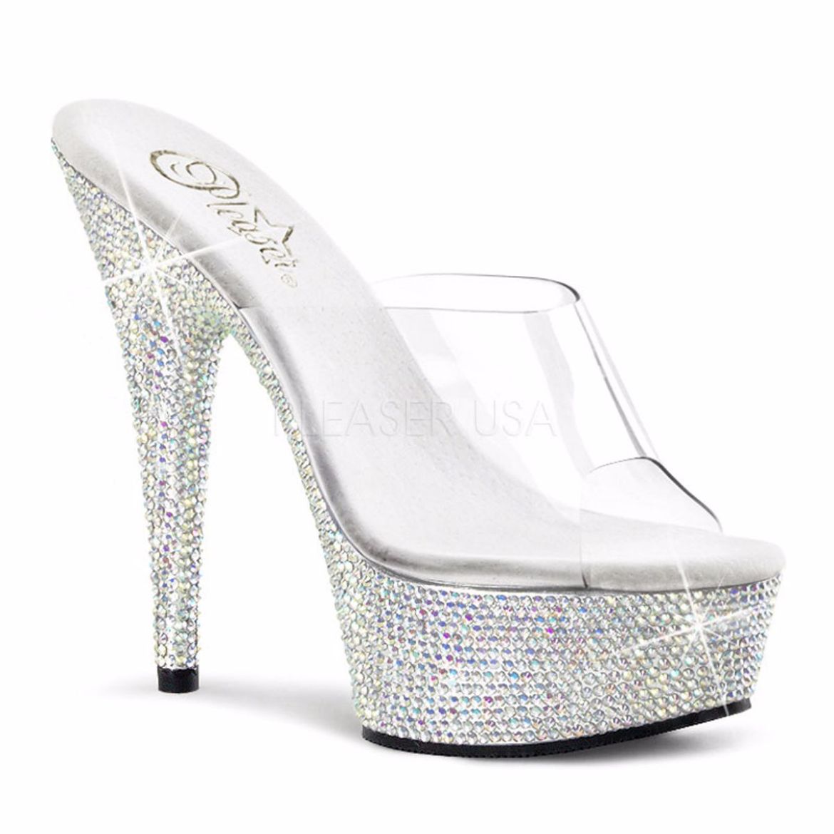 Product image of Pleaser Bejeweled-601Dm Clear/Silver Multi Rhinestone, 6 inchHeel, 1 3/4  inch (4.4 cm) Platform Slide Mule Shoes