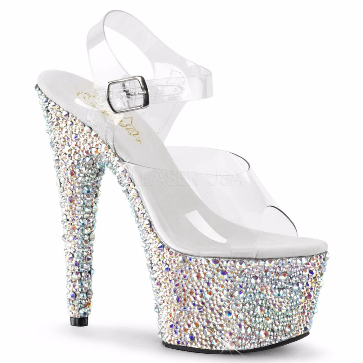 Product image of Pleaser Bejeweled-708Ms Clear/Silver Multi Rhinestone, 7 inch (17.8 cm) Heel, 2 3/4 inch (7 cm) Platform Sandal Shoes