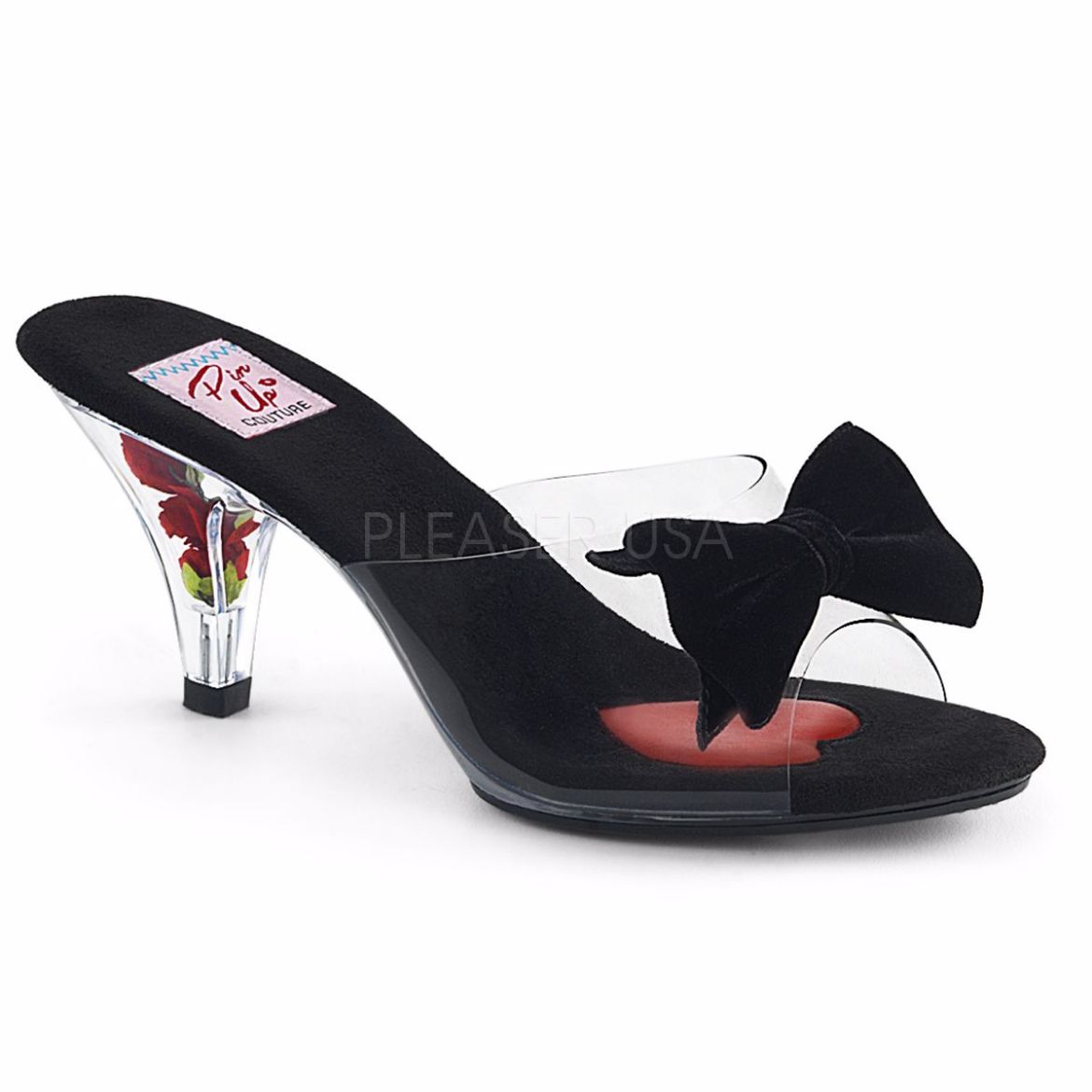 Product image of Pin Up Couture Belle-301Bow Clear-Black/Clear, 3 inch (7.6 cm) Heel, 1/8 inch (0.3 cm) Platform Slide Mule Shoes