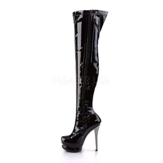Product image of Pleaser Blondie-3000 Black Stretch Patent/Black-Pewter Chrome, 6 inch (15.2 cm) Heel, 1 1/2 inch (3.8 cm) Platform Thigh High Boot