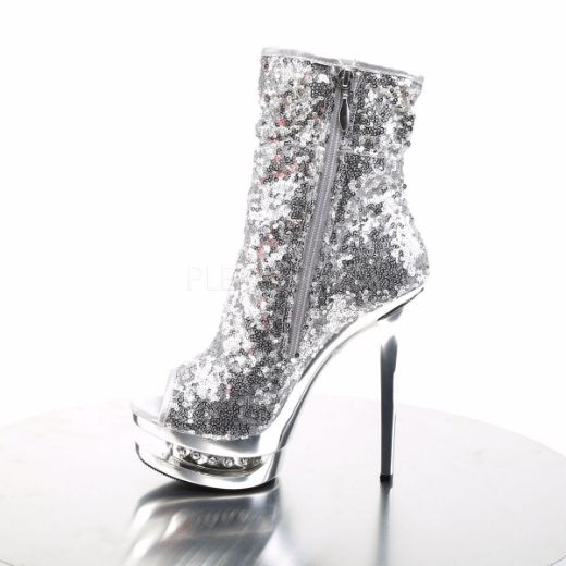 Product image of Pleaser Blondie-R-1008 Silver Sequins/Silver Chrome, 6 inch (15.2 cm) Heel, 1 1/2 inch (3.8 cm) Platform Ankle Boot