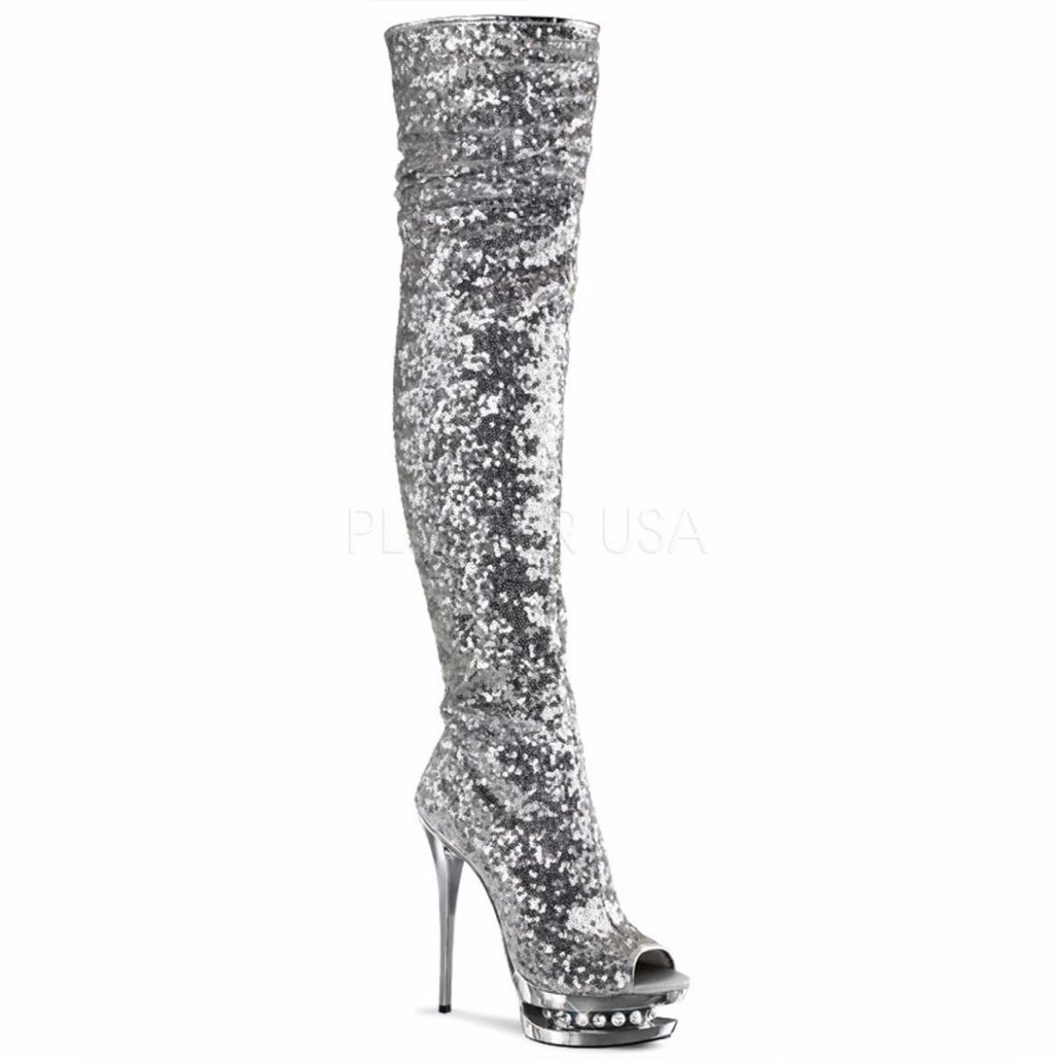 Product image of Pleaser Blondie-R-3011 Silver Sequins/Silver Chrome, 6 inch (15.2 cm) Heel, 1 1/2 inch (3.8 cm) Platform Thigh High Boot