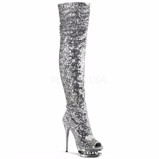 Product image of Pleaser Blondie-R-3011 Silver Sequins/Silver Chrome, 6 inch (15.2 cm) Heel, 1 1/2 inch (3.8 cm) Platform Thigh High Boot