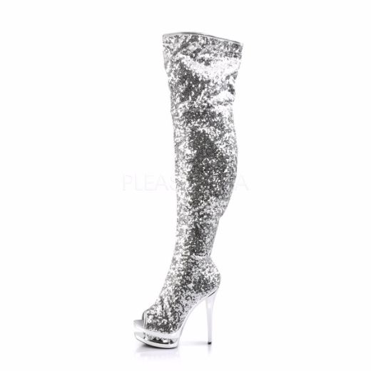 Product image of Pleaser Blondie-R-3011 Silver Sequins/Silver Chrome, 6 inch (15.2 cm) Heel, 1 1/2 inch (3.8 cm) Platform Thigh High Boot