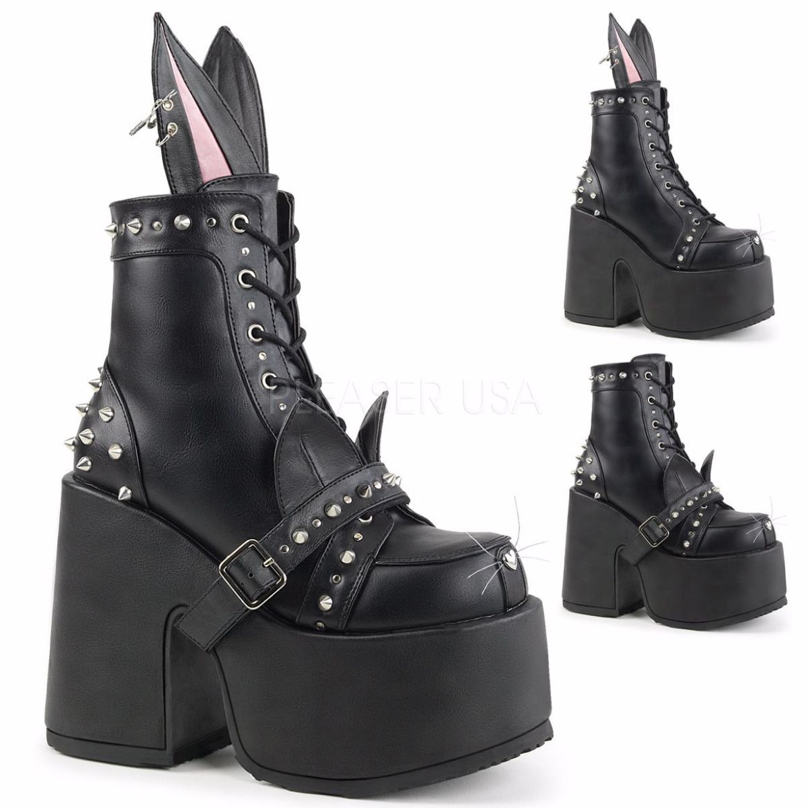 Product image of Demonia Camel-202 Black Vegan Leather, 5 inch (12.7 cm) Chunky Heel, 3 inch (7.6 cm) Platform Ankle Boot