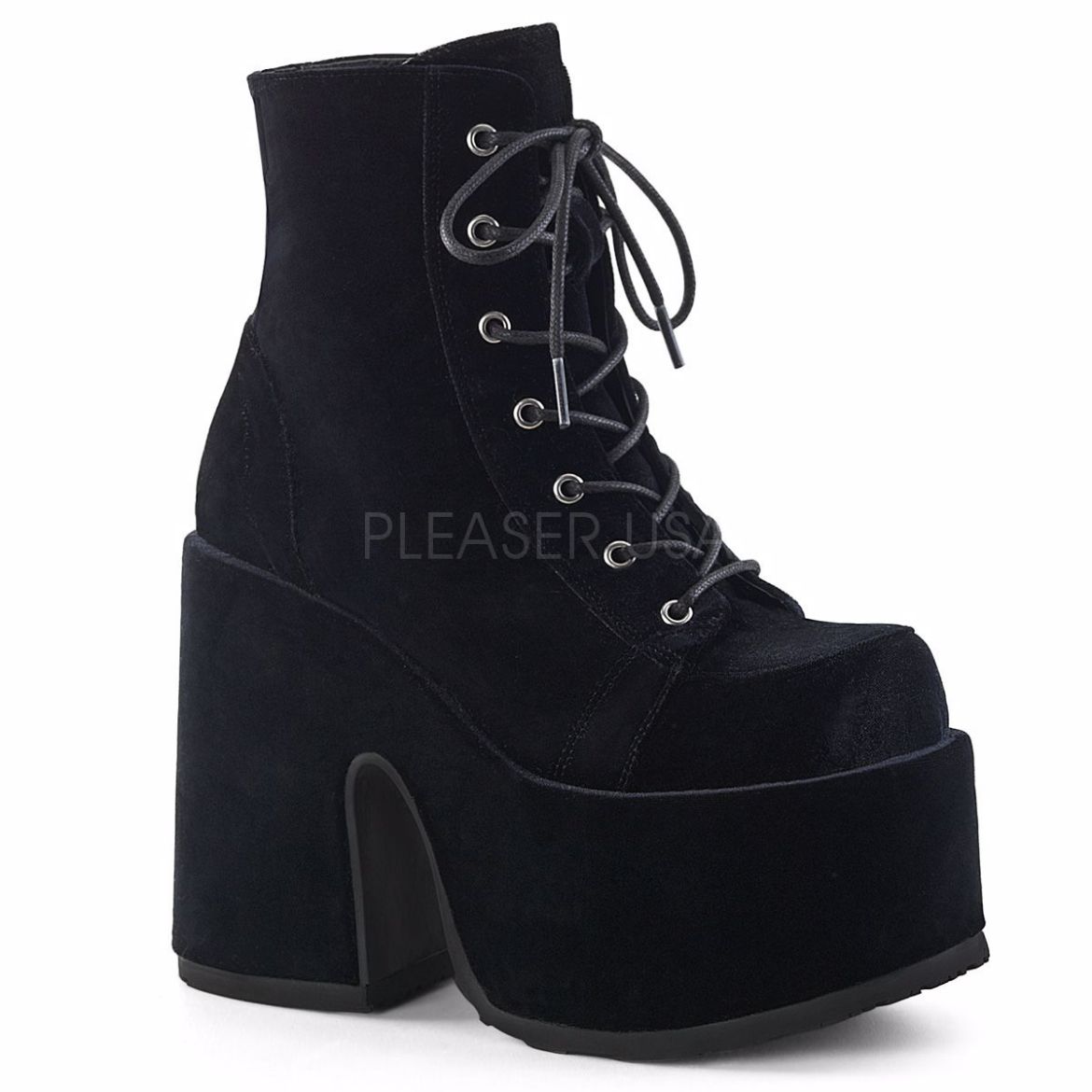 Product image of Demonia Camel-203 Black Velvet, 5 inch (12.7 cm) Chunky Heel, 3 inch (7.6 cm) Platform Ankle Boot