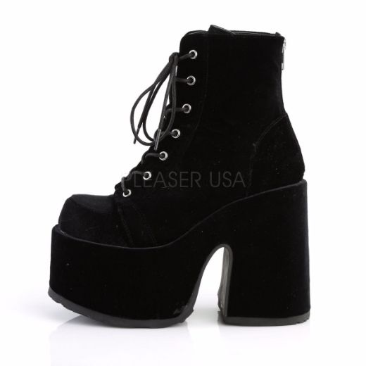 Product image of Demonia Camel-203 Black Velvet, 5 inch (12.7 cm) Chunky Heel, 3 inch (7.6 cm) Platform Ankle Boot