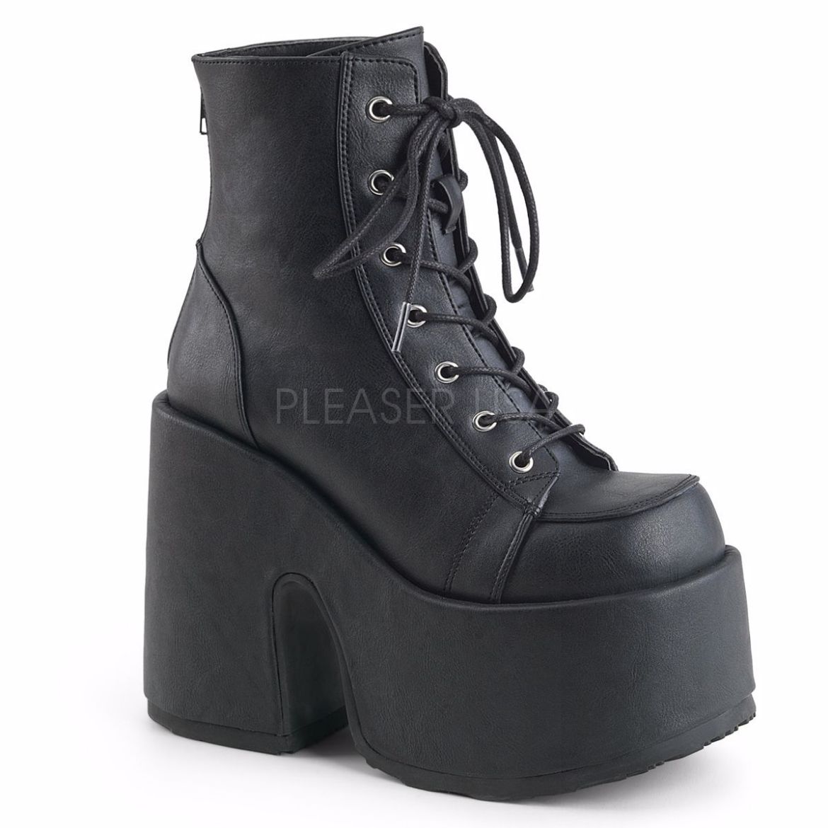 Product image of Demonia Camel-203 Black Vegan Leather, 5 inch (12.7 cm) Chunky Heel, 3 inch (7.6 cm) Platform Ankle Boot