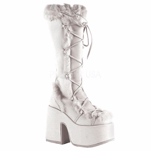 Product image of Demonia Camel-311 White Vegan Leather, 5 inch (12.7 cm) Heel, 3 inch (7.6 cm) Platform Knee High Boot
