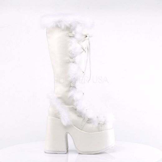 Product image of Demonia Camel-311 White Vegan Leather, 5 inch (12.7 cm) Heel, 3 inch (7.6 cm) Platform Knee High Boot