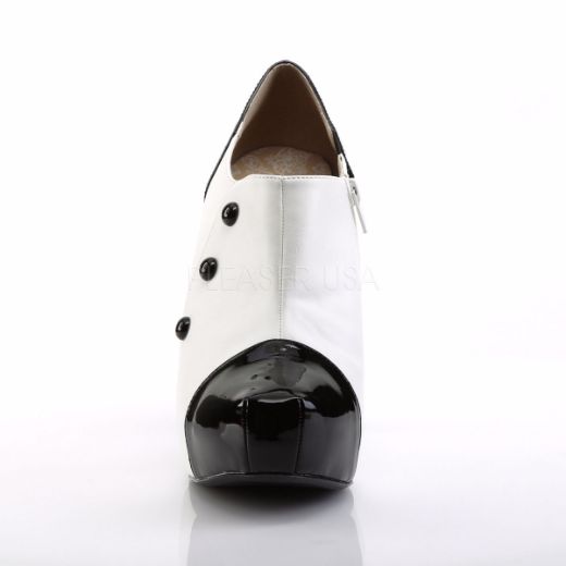 Product image of Pleaser Pink Label Chloe-11 Black-White Patent, 5 1/4 inch (13.3 cm) Heel, 1 1/4 inch (3.2 cm) Platform Ankle Boot