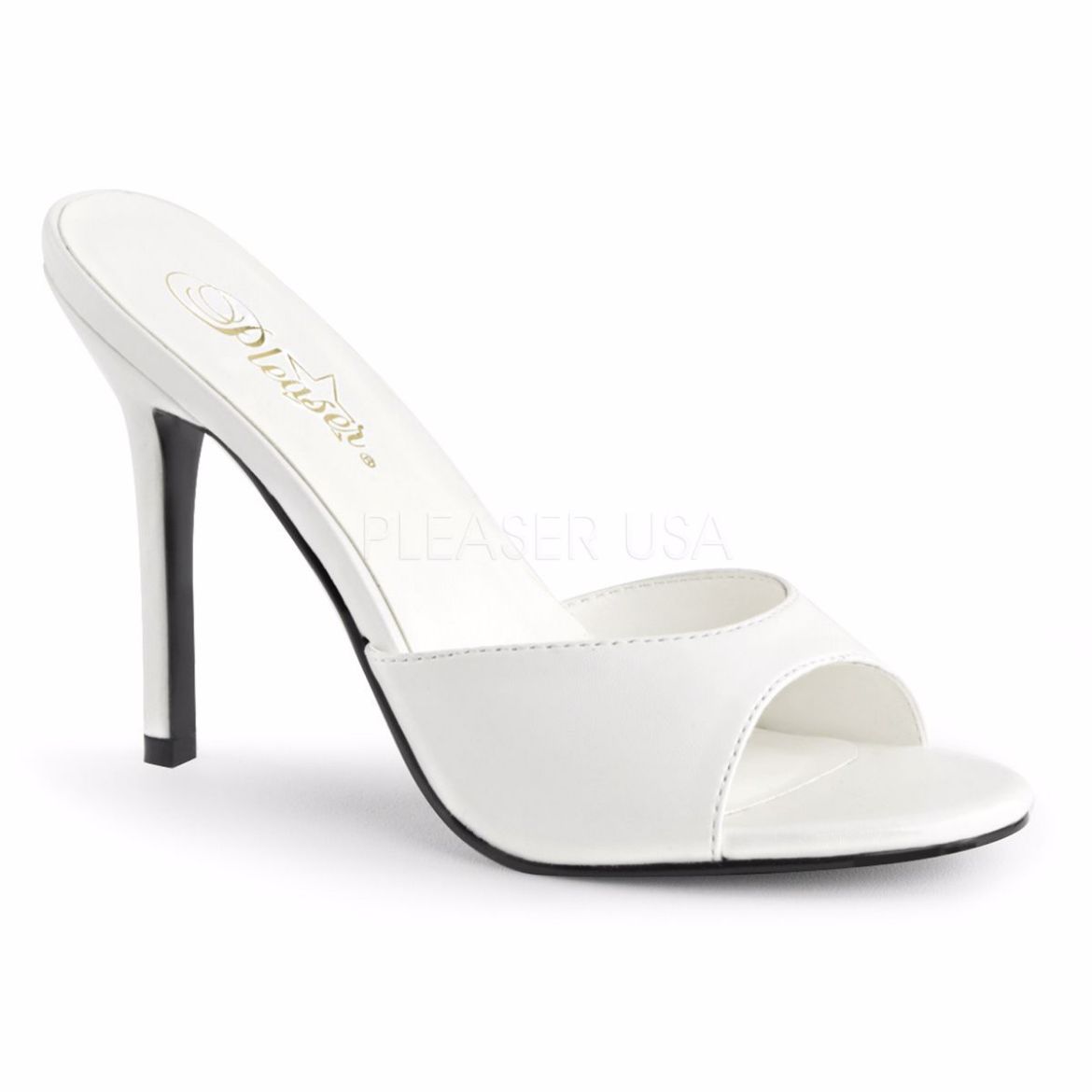 Product image of Pleaser Classique-01 White Kid Pu, 4 inch (10.2 cm) Heel Slide Mule Shoes