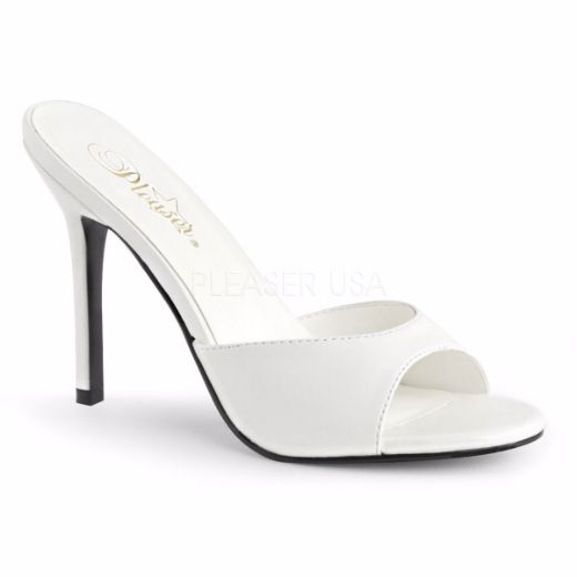 Product image of Pleaser Classique-01 White Kid Pu, 4 inch (10.2 cm) Heel Slide Mule Shoes