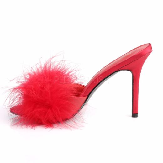 Product image of Fabulicious Classique-01F Red Pu-Fur, 4 inch (10.2 cm) Heel Slide Mule Shoes