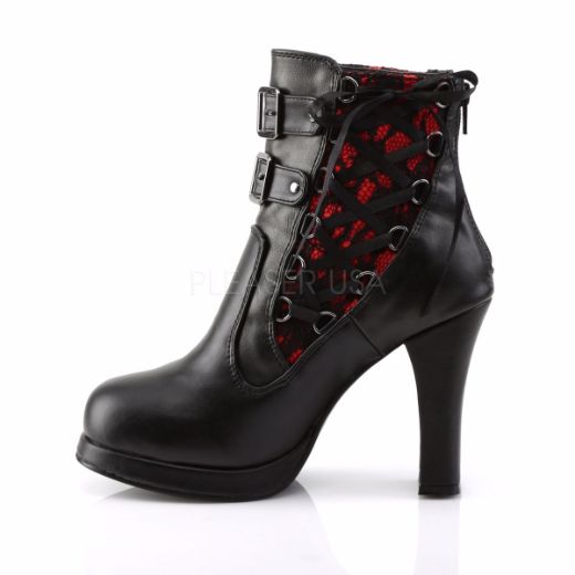 Product image of Demonia Crypto-51 Black-Red Lace Vegan Leather, 4 inch (10.2 cm) Heel, 3/4 inch (1.9 cm) Platform Ankle Boot