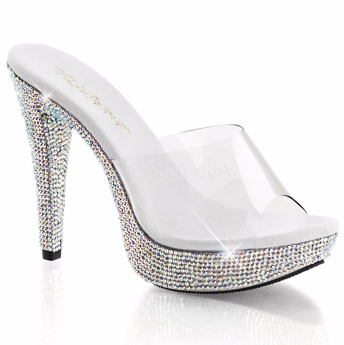 Product image of Fabulicious Cocktail-501Dm Clear/Silver Multi Rhinestone, 5 inch (12.7 cm) Heel, 1 inch (2.5 cm) Platform Slide Mule Shoes