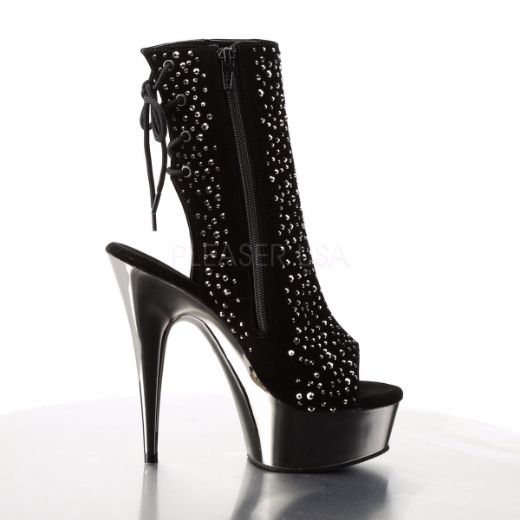 Product image of Pleaser Delight-1018Rs Black Velvet-Pewter Rhinestone/ Pewter Chrome, 6 inch (15.2 cm) Heel, 1 3/4 inch (4.4 cm) Platform Ankle Boot