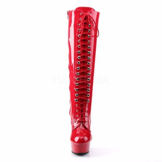 Product image of Pleaser Delight-2023 Red Stretch Patent/Red, 6 inch (15.2 cm) Heel, 1 3/4 inch (4.4 cm) Platform Knee High Boot