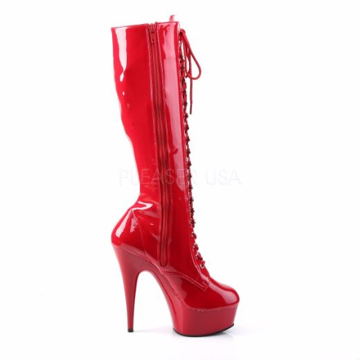 Product image of Pleaser Delight-2023 Red Stretch Patent/Red, 6 inch (15.2 cm) Heel, 1 3/4 inch (4.4 cm) Platform Knee High Boot